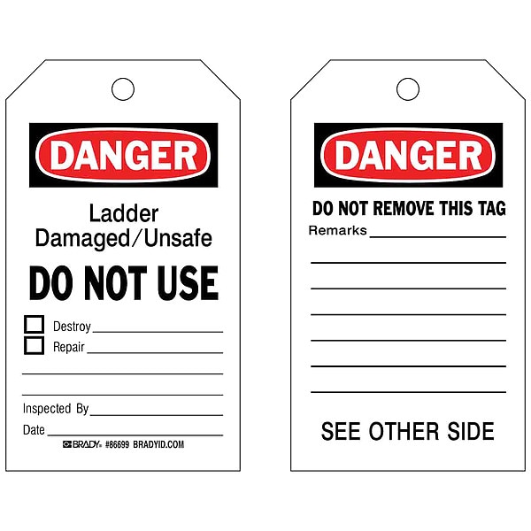 Brady Tag, Inspection, Paper, 7 in H x 4 in W, Black, Red on White, Rectangle, 100 PK - 86699