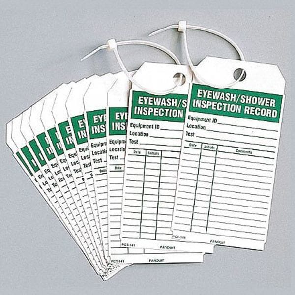 Zoro Select Tag, Emergency Shower & Eye Wash Test, Aluminum, 5 in H x 3 in W, White, Rectangle, 25 PK - 8Y394