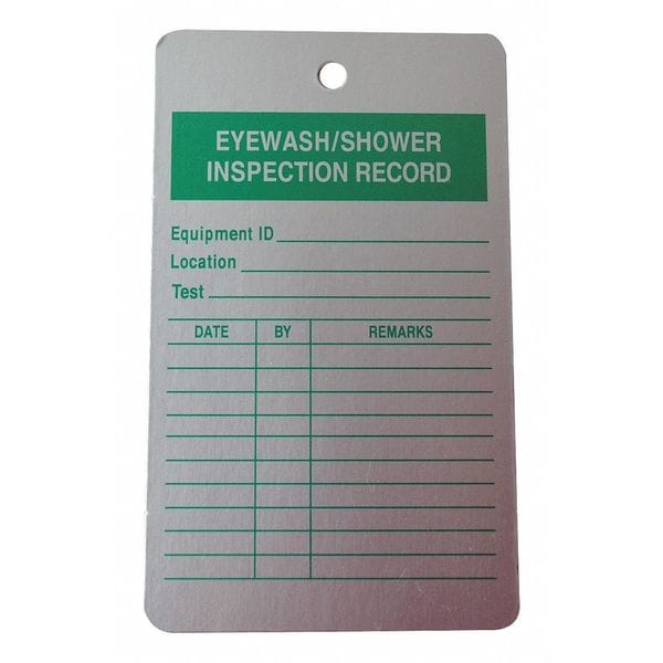 Zoro Select Tag, Emergency Shower & Eye Wash Test, Aluminum, 5 in H x 3 in W, White, Rectangle, 25 PK - 8Y394