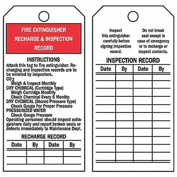 Zoro Select Tag, Fire Extinguisher, PVC, 5 3/4 in H x 2 7/8 in W, White, Rectangle, 25 PK - 3AZ37