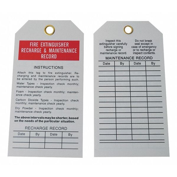 Zoro Select Tag, Fire Extinguisher, PVC, 5 3/4 in H x 2 7/8 in W, White, Rectangle, 25 PK - 3AZ37