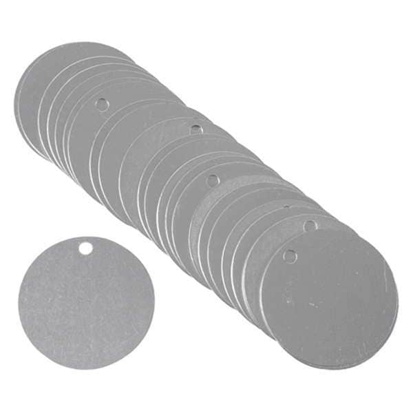 Brady Blank Tag, Aluminum, 1 1/2 in H x 1 1/2 in W, 1 1/2 in Dia., Silver, Round, 25 PK - 49904