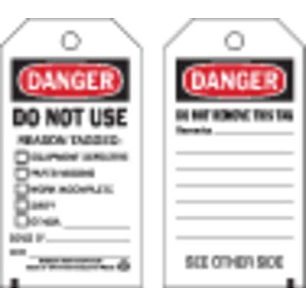 Brady Danger Tag, Lockout Tagout, Cardstock, 5 3/4 in H x 3 in W, Black, Red, White, Rectangle, 100 PK - 86643