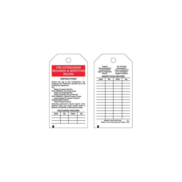 Brady Brady Fire Extinguisher Recharge & Maintenance Record Tag, 25/Pkg, Poly, 3inW x 5-3/4inH - 76222