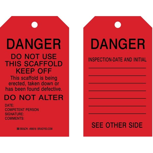 Brady Tag, Inspection, Polyester, 7 in H x 4 in W, Black on Red, Rectangle, 10 PK - 86628