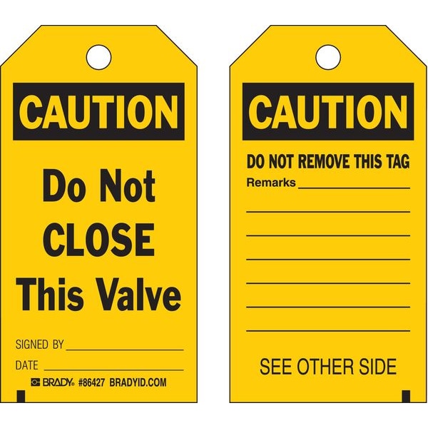 Brady Caution Tag, Lockout Tagout, Polyester, 5 3/4 in H x 3 in W, Black, Yellow, Rectangle, 10 PK - 86546