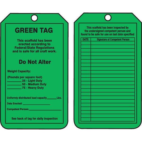 Accuform Tag, Green Tag, Plastic, 5 3/4 in H x 3 1/4 in W, Green, Rectangle, 25 PK - TRS209PTP