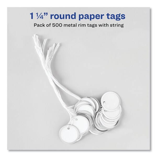 Avery Dennison Tags, Metal Rim, 1-1/4 dia., White, PK500, Heavy Stock Paper/Metal, White, Round, 500 PK - 14313
