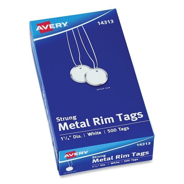 Avery Dennison Tags, Metal Rim, 1-1/4 dia., White, PK500, Heavy Stock Paper/Metal, White, Round, 500 PK - 14313