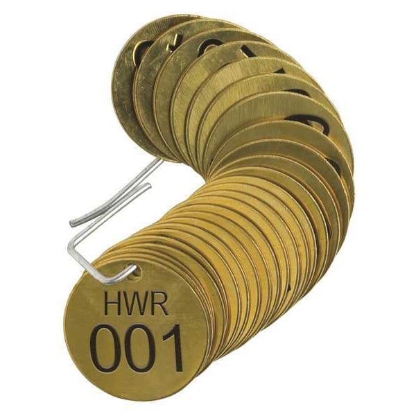 Brady Numbered Tag, Brass, 1 1/2 in H x 1 1/2 in W, 1 1/2 in Dia., Brass, Round, 25 PK - 23536
