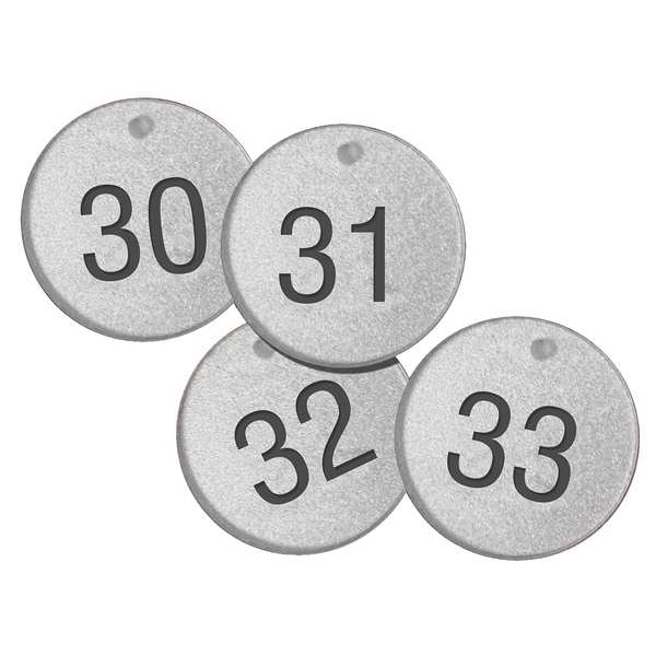Accuform Subsurface Engraved Numbered Tags, Plastic, 1 1/2 in H x 1 1/2 in W, 1 1/2 in Dia., Black/Silver - TDL151