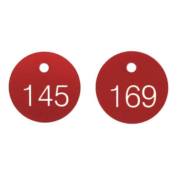 Accuform Engraved Numbered Tags, Plastic, 1 1/8 in H x 1 1/8 in W, 1 1/8 in Dia., Red/White, Round, 100 PK - TDG301RD