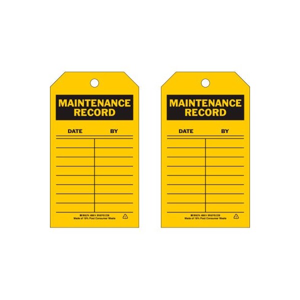 Brady Brady Maintenance Record Tag, 2 Sided, 10/Pkg, Polyester, 4inW x 7inH - 86614