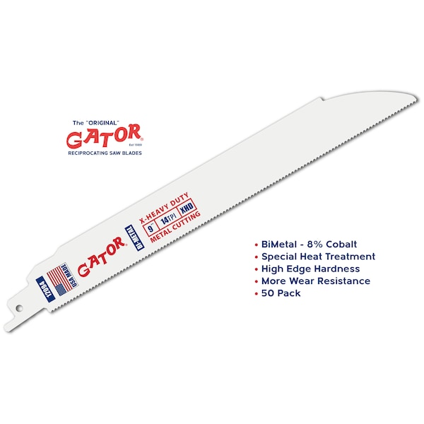 Gator Reciprocating Saw Blade 9 in. x 1 in. x 14tpi #12094, X-Heavy Duty Metal Cutting, 50PK - 12094