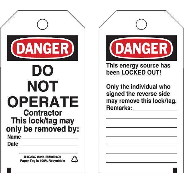 Brady Danger Tag, Cardstock, 5 3/4 in H x 3 in W, Rectangle, 25 PK - 50256