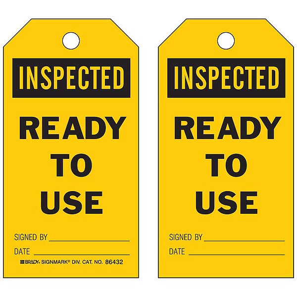 Brady Tag, Inspection, Paper, 7 in H x 4 in W, Black on Yellow, Rectangle, 100 PK - 86716