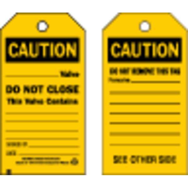 Brady Caution Tag, Lockout Tagout, Polyester, 5 3/4 in H x 3 in W, Black, Yellow, Rectangle, 10 PK - 86552