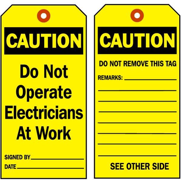 Brady Caution Tag, Polyester, 5 3/4 in H x 3 in W, Black on Yellow, Rectangle, 10 PK - 86547