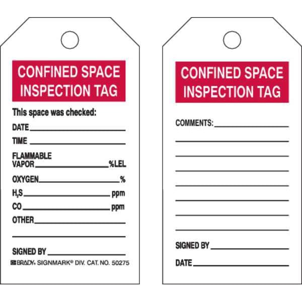 Brady Confined Space Tag, Confined Space, Polyester, 5 3/4 in H x 3 in W, Black, Red, White, Rectangle - 50275