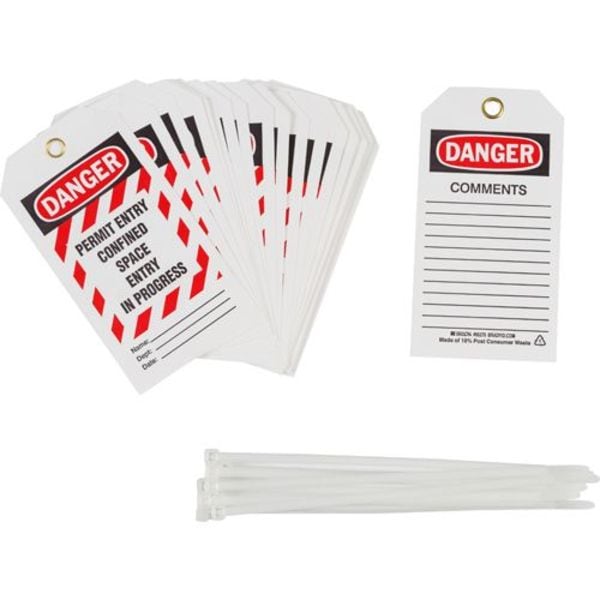 Brady Danger Tag, Confined Space, Polyester, 5 3/4 in H x 3 in W, Black, Red, White, Rectangle, 25 PK - 65270