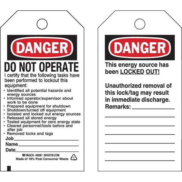 Brady Danger Tag, Cardstock, 5 3/4 in H x 3 in W, Rectangle, 25 PK - 65449