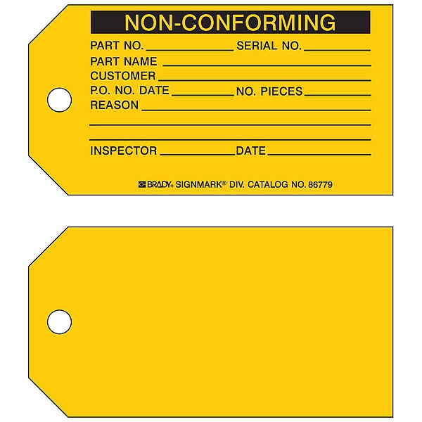 Brady Tag, Inspection, Paper, 5 3/4 in H x 3 in W, Black on Yellow, Rectangle, 100 PK - 86779