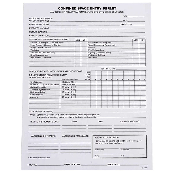 Brady Confined Space Entry Permits, Paper, 11 in H x 8 1/2 in W, Black, White - EP1