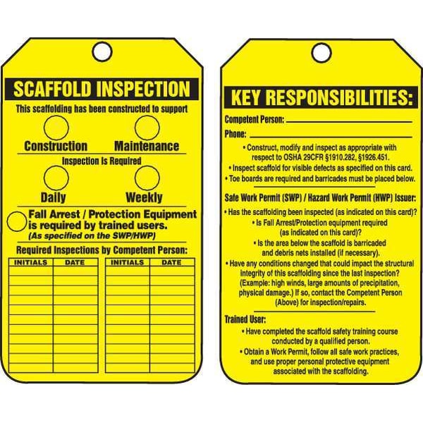 Accuform Tag, Scaffold, Cardstock, 5 3/4 in H x 3 1/4 in W, Rectangle, 25 PK - TRS318CTP