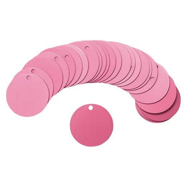 Brady Blank Tag, Aluminum, 1 1/2 in H x 1 1/2 in W, 1 1/2 in Dia., Pink, Round, 25 PK - 87603