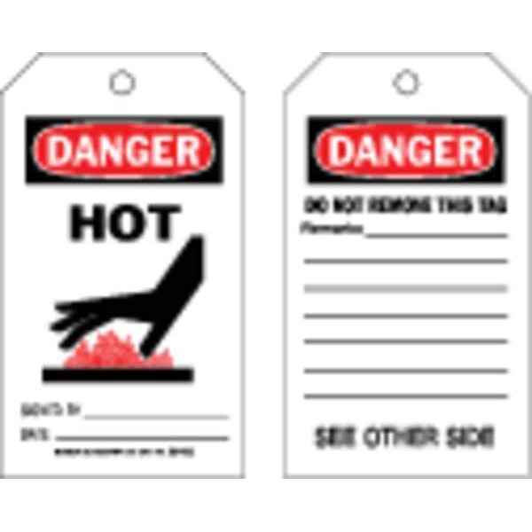 Brady Danger Tag, Hot, Polyester, 7 in H x 4 in W, Black, Red, White, Rectangle, 10 PK - 86483