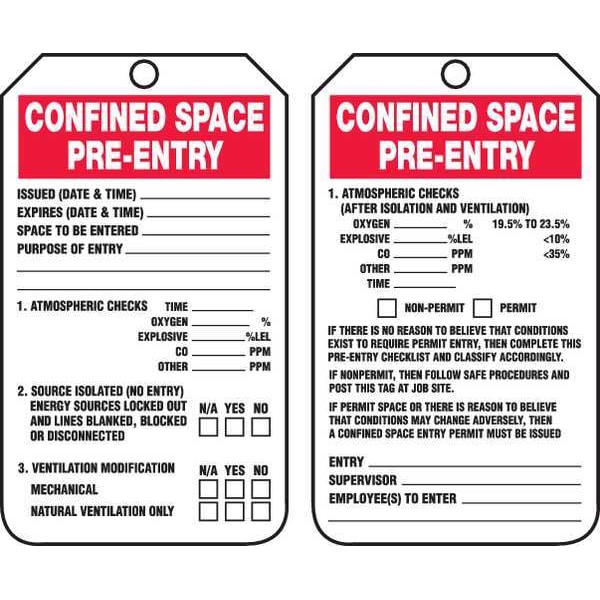 Accuform Permit Tag, Confined Space, Plastic, 5 3/4 in H x 3 1/4 in W, White, Rectangle, 25 PK - TCS327PTP