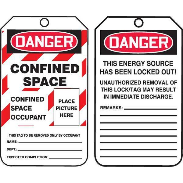 Accuform Danger Tag, Confined Space, Plastic, 5 3/4 in H x 3 1/4 in W, White, Rectangle, 25 PK - TCS318PTP