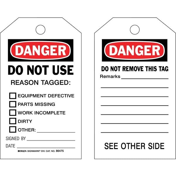 Brady Danger Tag, Lockout Tagout, Polyester, 7 in H x 4 in W, Black, Red, White, Rectangle, 10 PK - 86475
