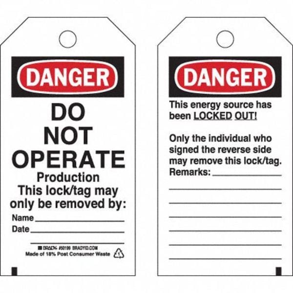 Brady Danger Tag, Polyester, 5 3/4 in H x 3 in W, Black/Red on White, Rectangle, 25 PK - 50199