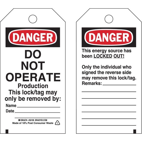 Brady Danger Tag, Polyester, 5 3/4 in H x 3 in W, Black/Red on White, Rectangle, 25 PK - 50199