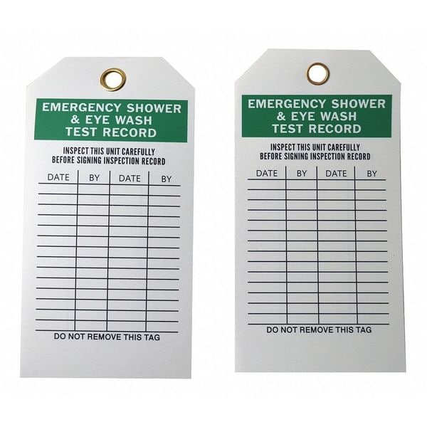 Zoro Select Tag, Emergency Shower & Eye Wash Test, Polyester, 5 1/2 in H x 3 in W, White, Rectangle, 25 PK - 20TJ26