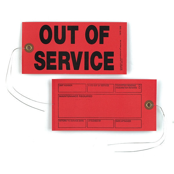 Jj Keller Tag, Out Of Service, Synthetic, 6 1/4 in H x 3 1/8 in W, Red, Rectangle, 50 PK - 13352