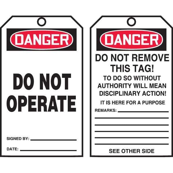 Zoro Select Danger Tag By The Roll, Machine and Operational, Cardstock, 6 1/4 in H x 3 in W, White, Rectangle - 43Z242