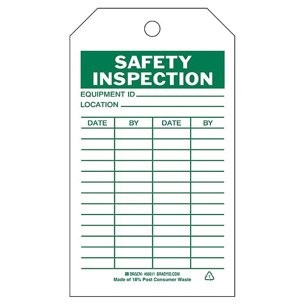 Brady Tag, Safety, Polyester, 7 in H x 4 in W, Green on White, Rectangle, 10 PK - 86611