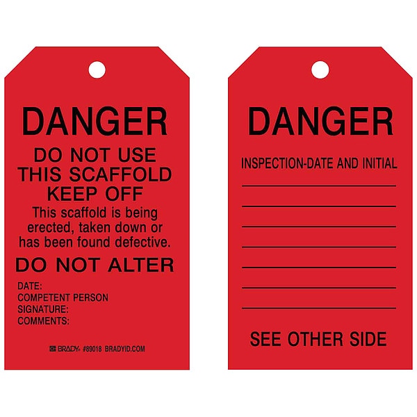 Brady Tag, Inspection, Heavy Duty Polyester, 7 in H x 4 in W, Black on Red, Rectangle, 10 PK - 89018