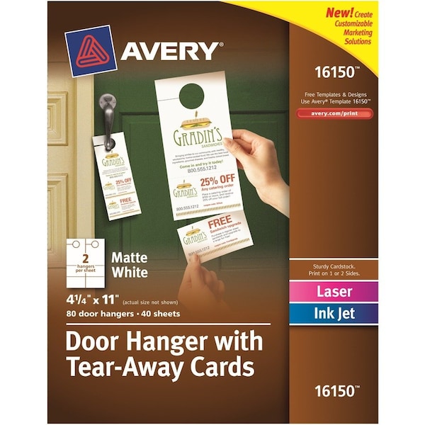 Avery Laser Inkjet Tear-Away Cards Door Hanger, 11" H x 4.3" W, White, 100 PK - AVE16150