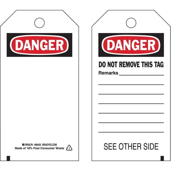 Brady Danger Tag, Danger, Polyester, 5 3/4 in H x 3 in W, Black, Red, White, Rectangle, 10 PK - 86455