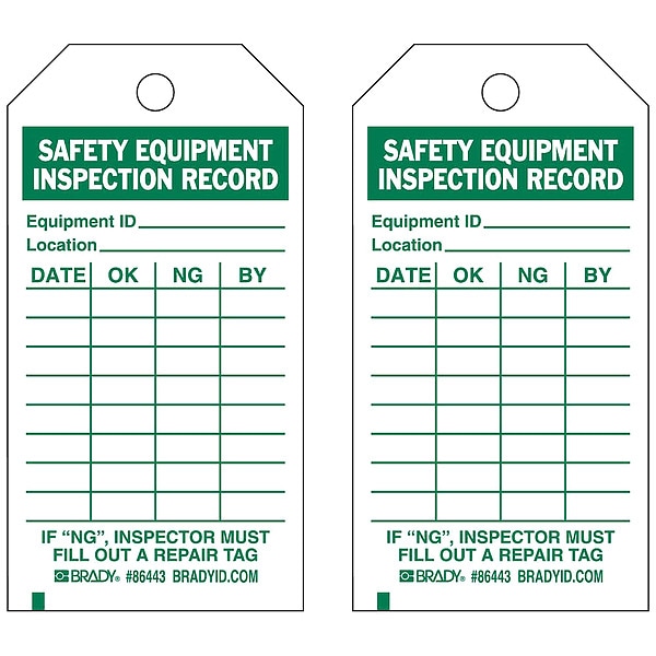 Brady Tag, Inspection, Heavy Duty Polyester, 5 3/4 in H x 3 in W, Green on White, Rectangle, 10 PK - 86443