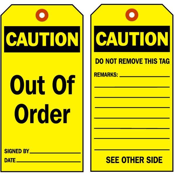Brady Tag, Safety, Polyester, 5 3/4 in H x 3 in W, Black on Yellow, Rectangle, 10 PK - 86485