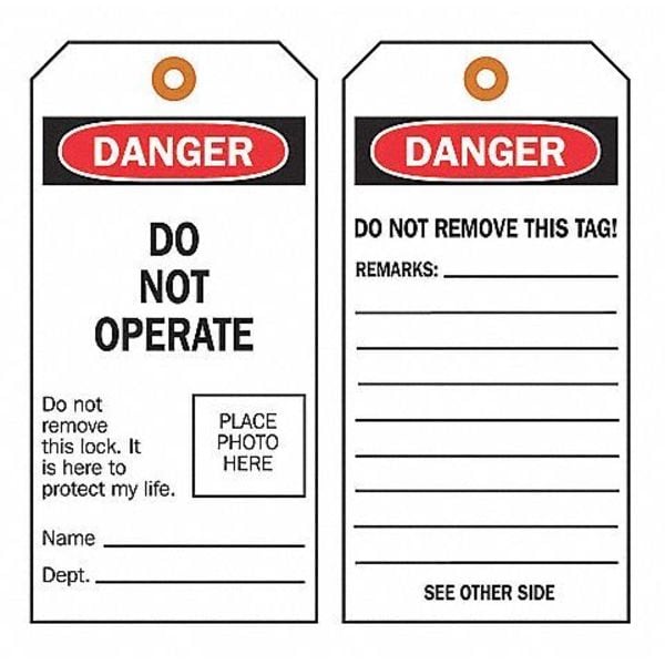 Brady Caution Tag, Warning Tags, Polyester, 7 in H x 4 in W, Black, Yellow, Rectangle, 10 PK - 86514