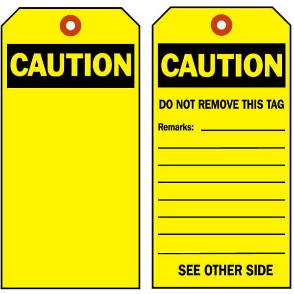 Brady Caution Tag, Warning Tags, Polyester, 7 in H x 4 in W, Black, Yellow, Rectangle, 10 PK - 86514