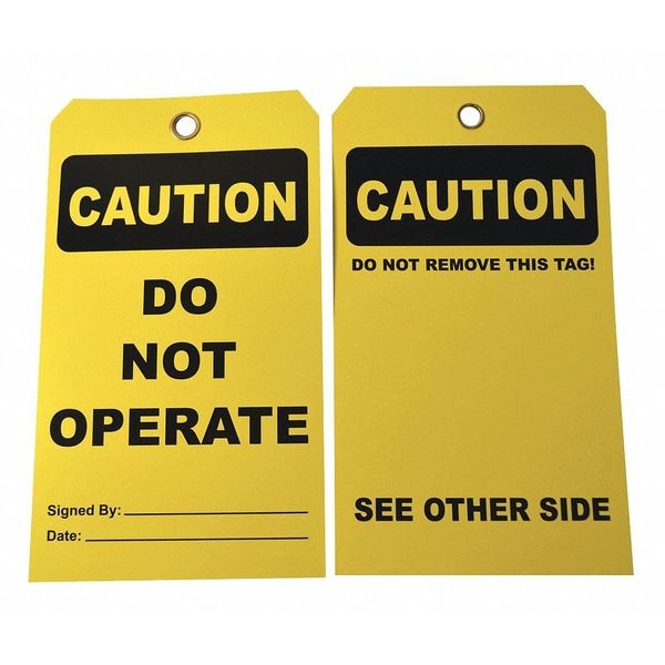 Zoro Select Caution Tag, Machine and Operational, Cardstock, 7 in H x 4 in W, Yellow, Rectangle, 25 PK - 3XAZ9