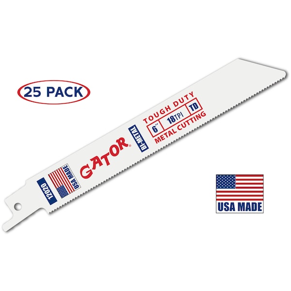 Gator Reciprocating Saw Blade 6 in. x 3/4 in. x 18tpi #12020-25, Tough Duty Metal Cutting, 25PK - 12020-25