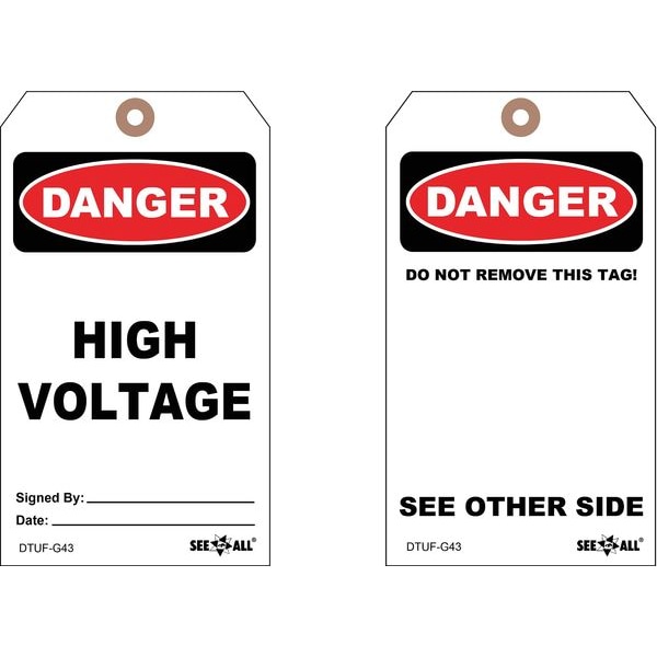 See All Industries Danger Tag, Electrical Hazard, Cardstock, 7 in H x 4 in W, White, Rectangle, 25 PK - DTUF-G43