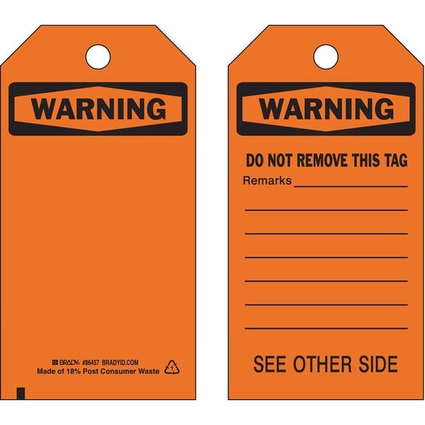 Brady Warning Tag, Warning Tags, Polyester, 5 3/4 in H x 3 in W, Black, Orange, Rectangle, 10 PK - 86457